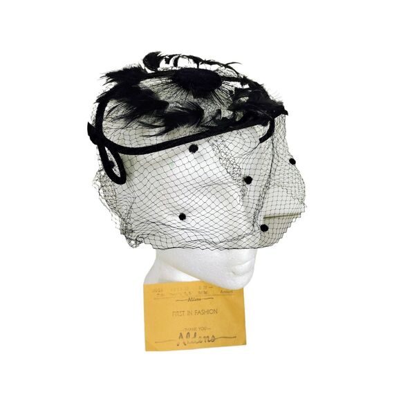 Vintage 40's 50's Black Velvet & Feathers Net Wired Fascinator Head Piece Hat - Picture 11 of 12